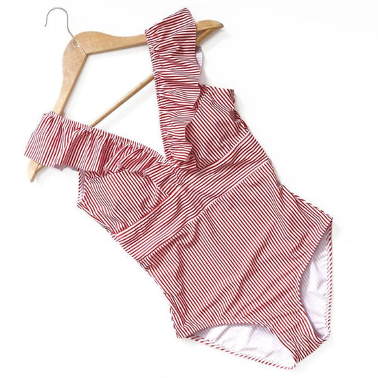 Image Title Retro Striped V-Neck One Piece Swimsuit - Red Stripes Details - Swimwear